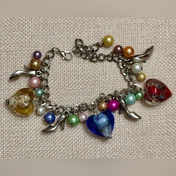 Vintage Silver Charm Bracelet W/Colorful Heart Shaped Murano Style Glass Beads - Picture 2 of 4